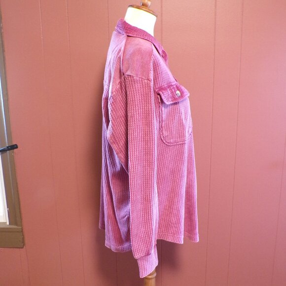 Briggs Women's NWT Waffle Button-Front Long Sleeves Shirt, Dark Pink: S or M - Picture 2 of 11